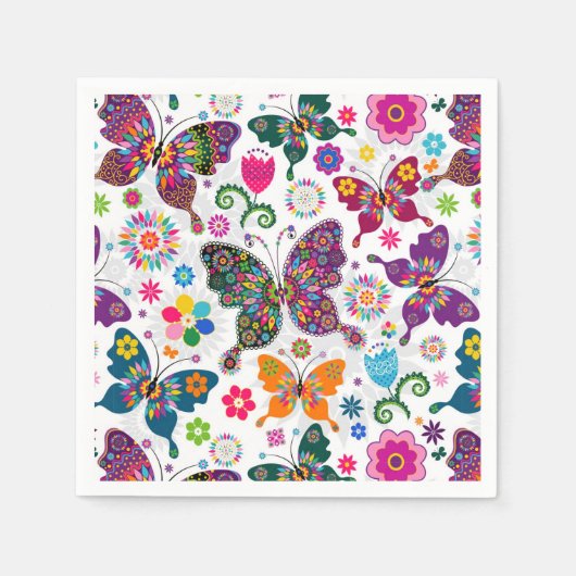 レトロカラフル蝶と花パターン2 スタンダードカクテルナプキン (正面)