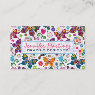レトロカラフル蝶と花パターン2 名刺