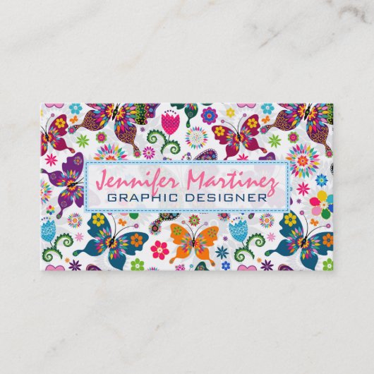 レトロカラフル蝶と花パターン2 名刺 (正面)
