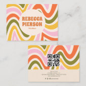 レトロカラフルGroovy波形Boho Qrコード 名刺 (正面/裏面)