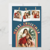 レトロカラフルGroovy 4フォトブルークリスマス シーズンカード (正面)