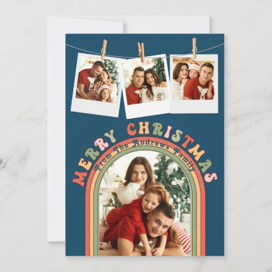 レトロカラフルGroovy 4フォトブルークリスマス シーズンカード (正面)