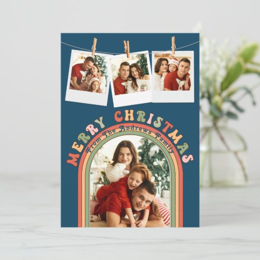 レトロカラフルGroovy 4フォトブルークリスマス シーズンカード (スタンド正面)