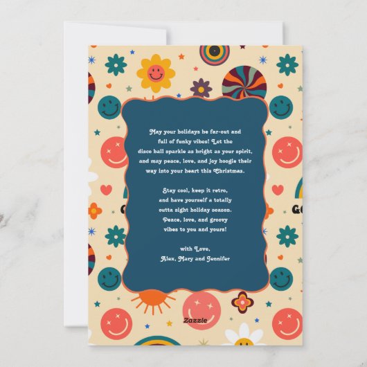 レトロカラフルGroovy 4フォトブルークリスマス シーズンカード (裏面)