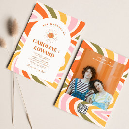 レトロカラフルGroovy Wavy Bohoの結婚Qrコード 招待状