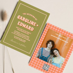 レトロカラフルGroovy Wavy Boho結婚のQrコード 招待状