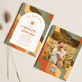 レトロカラフルGroovy Wavy Boho結婚のQrコード 招待状