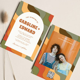 レトロカラフルGroovy Wavy Boho結婚のQrコード 招待状