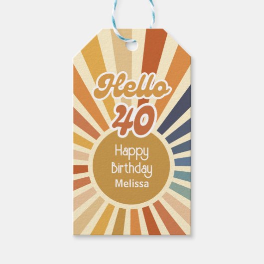 レトロカラフルSun Groovy Wave Hello 40th Birthday ギフトタグ (正面)