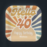 レトロカラフルSun Groovy Wave Hello 40th Birthday ペーパープレート<br><div class="desc">私たちの転がレトロSun Groovy Wave 40thバースデー招待状ナプキンで40を回すカラフルと、良い時間を過ごそう！これらの陽気で活気のあるナプキンは、あなたの誕生祝いのための完璧なアクセサリーである。レトロな太陽のデザインとグルーヴな波のパターンを備え、これらのナプキンはあなたのパーティーにノスタルジックな雰囲気をもたらし、忘れられない。</div>