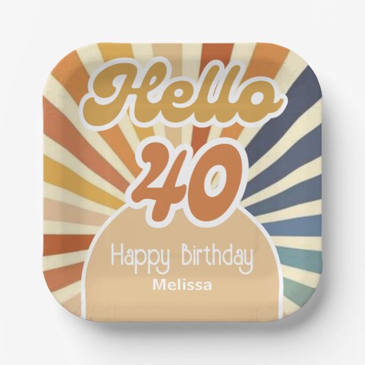 レトロカラフルSun Groovy Wave Hello 40th Birthday ペーパープレート (正面)