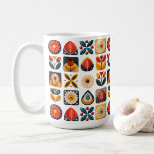 レトロカラーのフォークアートの花モザイク コーヒーマグカップ