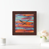 レトロカラーウッドグレインバーラップ縁ど スクエア壁時計 (ホーム)