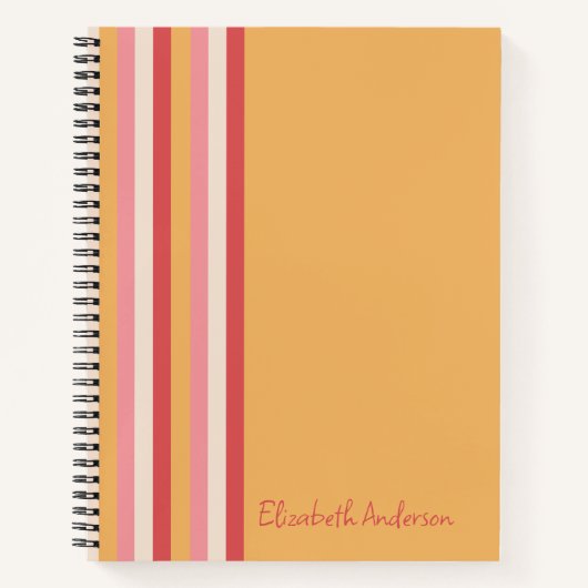 レトロカラーオレンジピンク金ゴールドストライプガールズ名 ノートブック (正面)