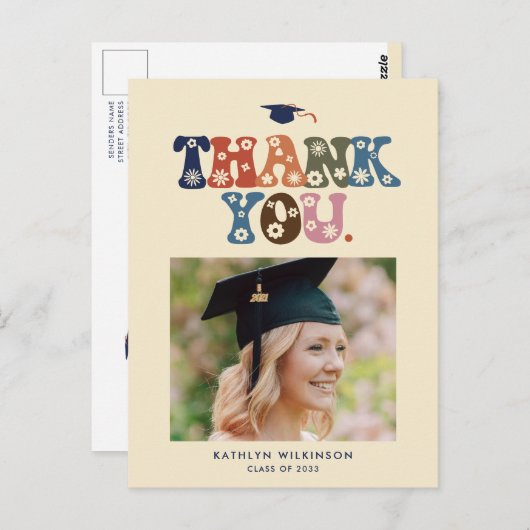 レトロカラータイポグラフィ写真卒業ありがとう ポストカード (正面/裏面)