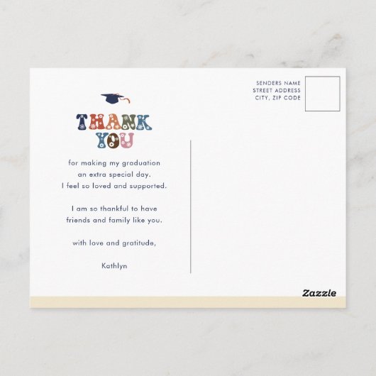 レトロカラータイポグラフィ写真卒業ありがとう ポストカード (裏面)