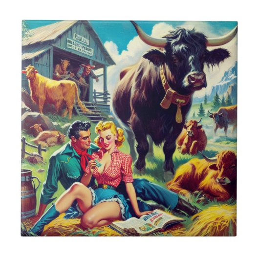 レトロカントリーカップルイラストレーション タイル (正面)