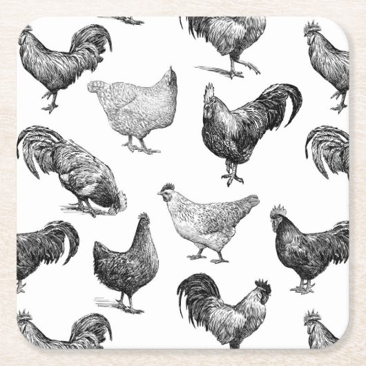 レトロカントリーファームチキンパターン スクエアペーパーコースター (正面)