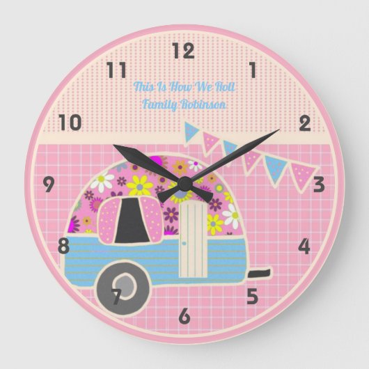 レトロカンパーバンピンクブルーヒッスターシャビーシック ラージ壁時計 (正面)
