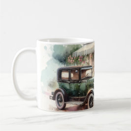 レトロカーと花咲くブティックのシーン コーヒーマグカップ