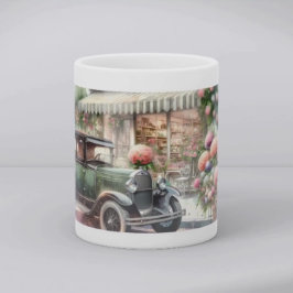 レトロカーと花咲くブティックのシーン コーヒーマグカップ