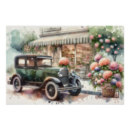 レトロカーと花咲くブティックの情景 ポスター