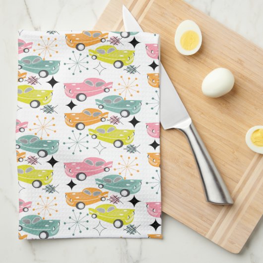 レトロカーズアトミックスターバストモダンミッドセンチュリー キッチンタオル (四つ折り)