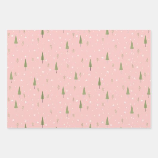レトロカーピンクのクリスマスウッドランドの木 ラッピングペーパーシート (正面3)