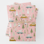 レトロカーピンクのクリスマスウッドランドの木 ラッピングペーパーシート (インサイチュ)