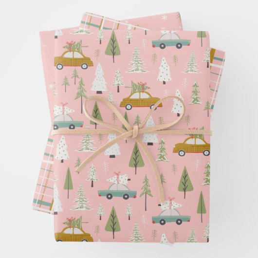 レトロカーピンクのクリスマスウッドランドの木 ラッピングペーパーシート (インサイチュ)