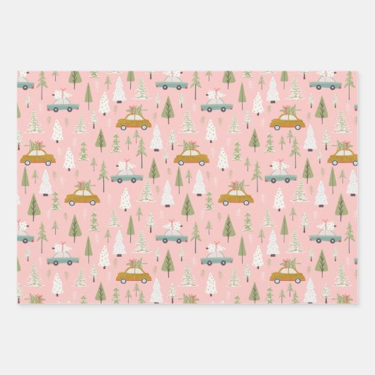 レトロカーピンクのクリスマスウッドランドの木 ラッピングペーパーシート (正面)