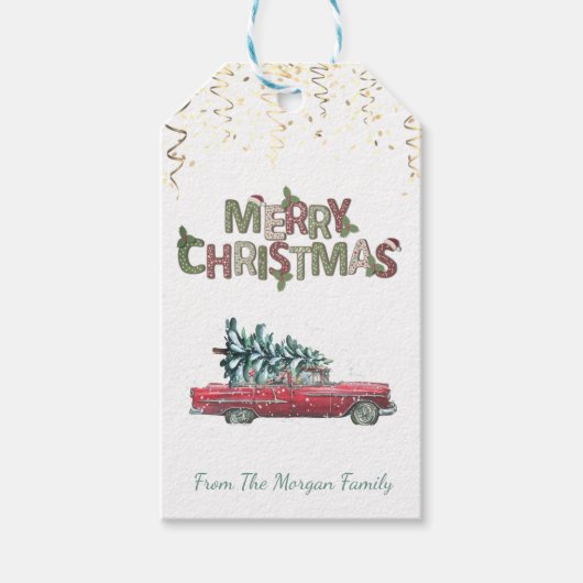 レトロカー、モミの木、紙吹雪、メリークリスマス ギフトタグ (正面)