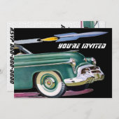 レトロカー&ロケット誕生日 招待状 (正面/裏面)