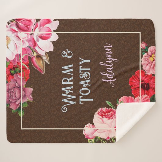 レトロガーデンカスタムグリーティングネームコーヒーブラウン シェルパブランケット (正面(横))