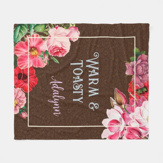 レトロガーデンカスタムグリーティングネームコーヒーブラウン フリースブランケット (正面(横))