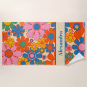 レトロガーデンカラフルフラワーズ60s 70sフローラ名 ビーチタオル (正面)