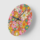 レトロガーデンカラフルフラワーズ60s 70sフローラ ラウンド壁時計 (傾斜)