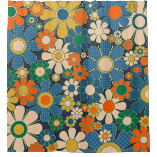 レトロガーデンギンガムフラワーズヴィンテージフローラブルー シャワーカーテン (正面)