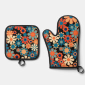 レトロガーデングルービーナイトタイムフローラルパターン 鍋つかみ&鍋敷きセット (正面)