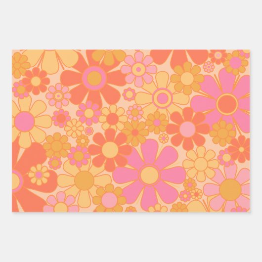 レトロガーデンフラワーグルーヴィーフローラピンクイエロー ラッピングペーパーシート (正面)
