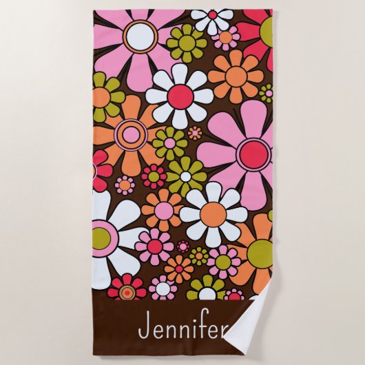 レトロガーデンフラワーグルーヴィ60s 70s花柄 ビーチタオル (正面)