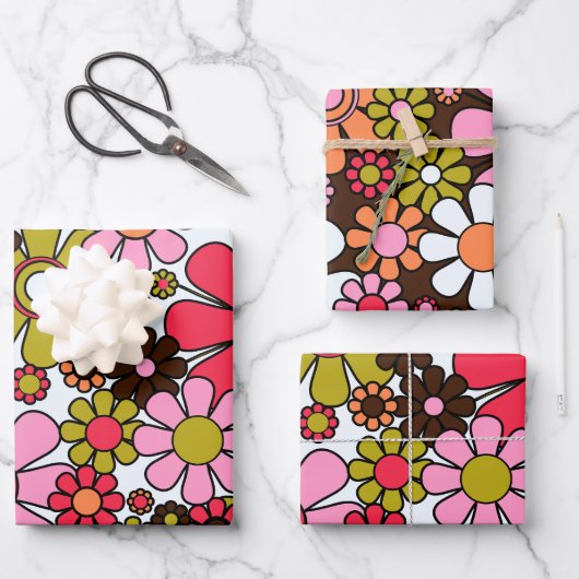 レトロガーデンフラワーグルーヴィ60s 70s花柄 ラッピングペーパーシート (正面)