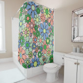 レトロガーデンフラワーズグルーヴィ60s 70s春パステル シャワーカーテン (インサイチュ)