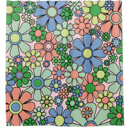 レトロガーデンフラワーズグルーヴィ60s 70s春パステル シャワーカーテン (正面)