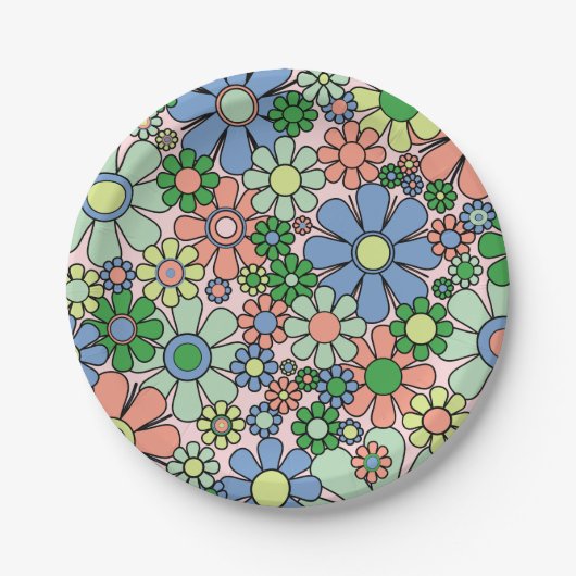レトロガーデンフラワーズグルーヴィ60s 70s春フローラ ペーパープレート (正面)