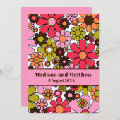 レトロガーデンフラワーズ60sフローラピンクとブラウン セーブザデート (正面/裏面)