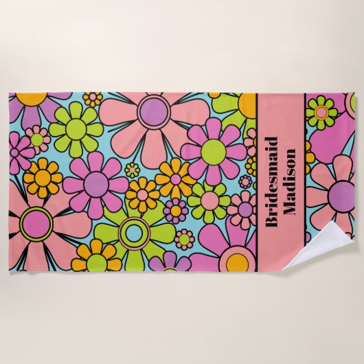 レトロガーデンフラワーズ60s 70sフローラブライドメイド ビーチタオル (正面)