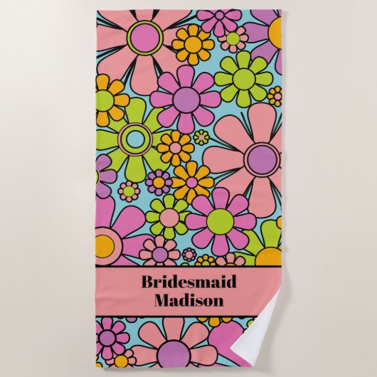 レトロガーデンフラワーズ60s 70sフローラブライドメイド ビーチタオル (正面)
