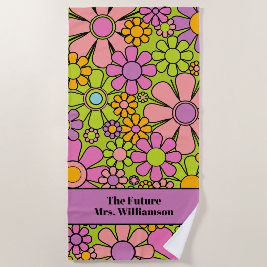 レトロガーデンフラワーズ60s 70s花柄の花嫁 ビーチタオル (正面)