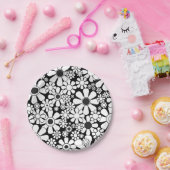 レトロガーデンフラワーブラック&ホワイトフローラ ペーパープレート (パーティー)